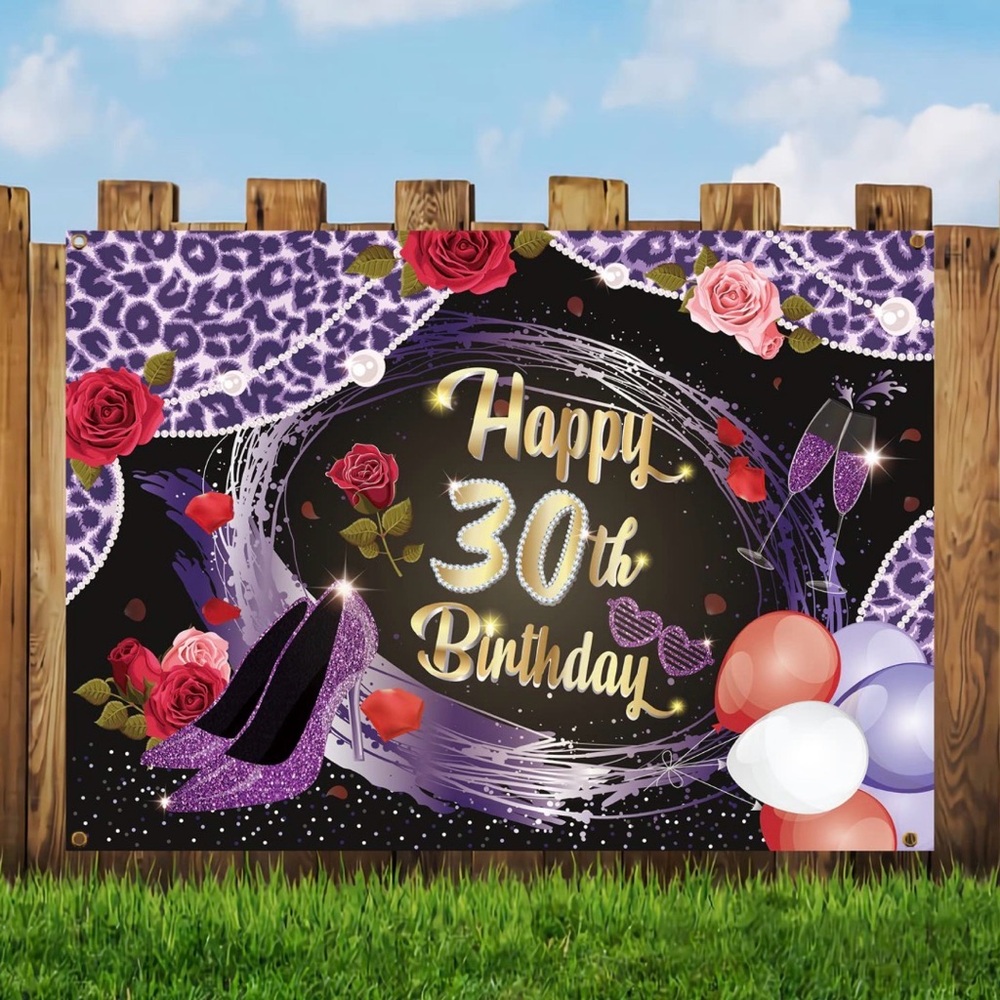 Purple Leopard Happy 30th Birthday Backdrop ,5 x7, Diamonds Pearls Rose Heels